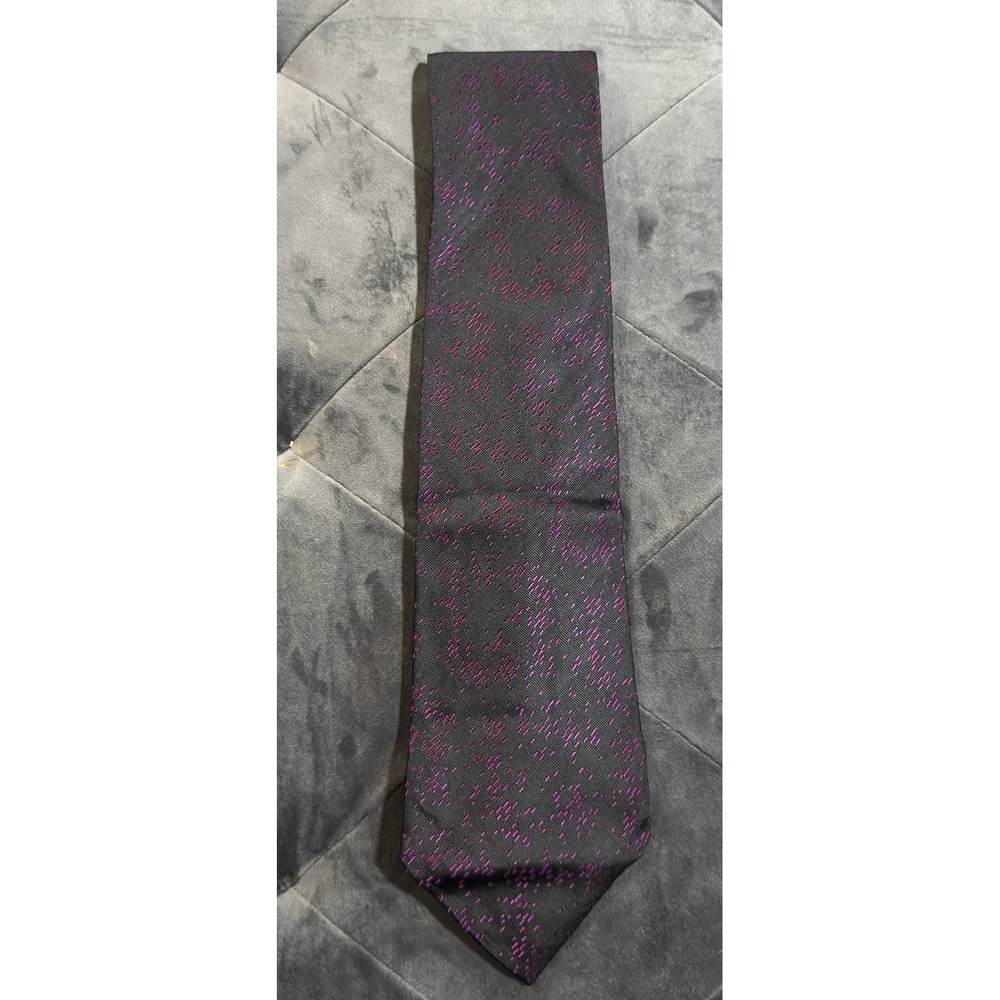 Audrey Buckner Silk Necktie Black Purple Abstract Geometric Dash Pattern Tie